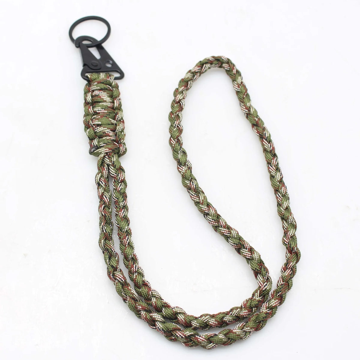 A paracord lanyard keychain with a zinc alloy clip, featuring braided cord in shades of green and brown.