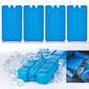 Four blue reusable gel ice blocks stacked in a plastic container with loose ice cubes.