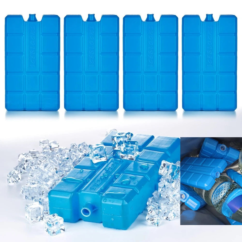 Four blue reusable gel ice blocks stacked in a plastic container with loose ice cubes.