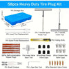 A set of 58 pieces heavy duty tire plug kit including storage box, tools, and various repair plugs and components.