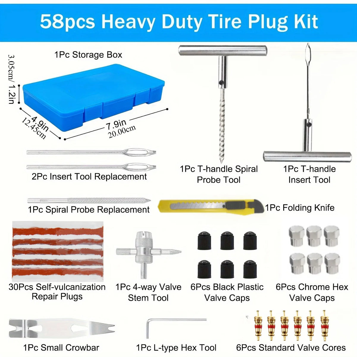 A set of 58 pieces heavy duty tire plug kit including storage box, tools, and various repair plugs and components.