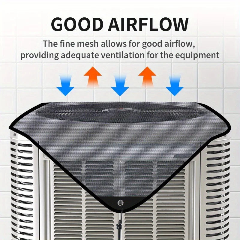 A close-up view of a black mesh cover placed over the grille of an outdoor air conditioning unit.