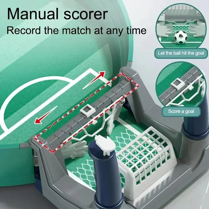 A manual soccer scorer device is shown recording a match, with a goal net and ball visible.