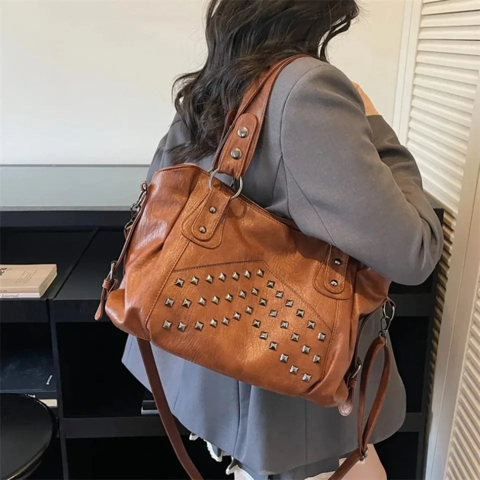 Rivet Punk Large Capacity Tote Bag with Adjustable Crossbody Strap