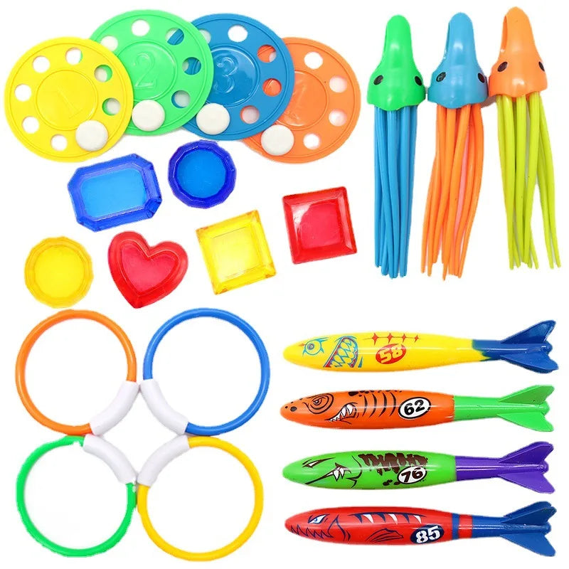 A collection of colorful pool dive and grab toys including rings, cups, and various plastic shapes for kids.