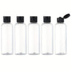 Five clear glass refillable travel bottles with flip caps arranged in a row.