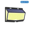 A black solar-powered security wall light with a panel of 468 LEDs visible.