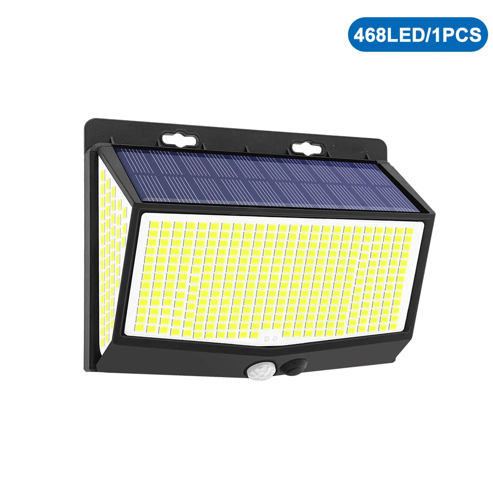 A black solar-powered security wall light with a panel of 468 LEDs visible.
