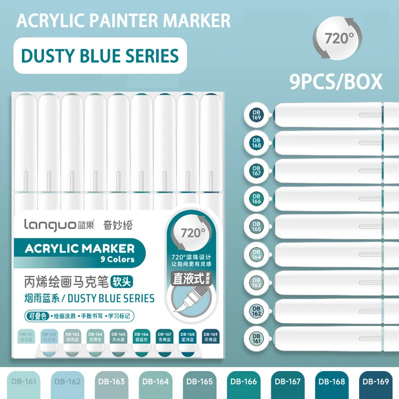 A box of Lanquo Acrylic Paint Markers in the Dusty Blue series featuring 9 colors with fine tips.