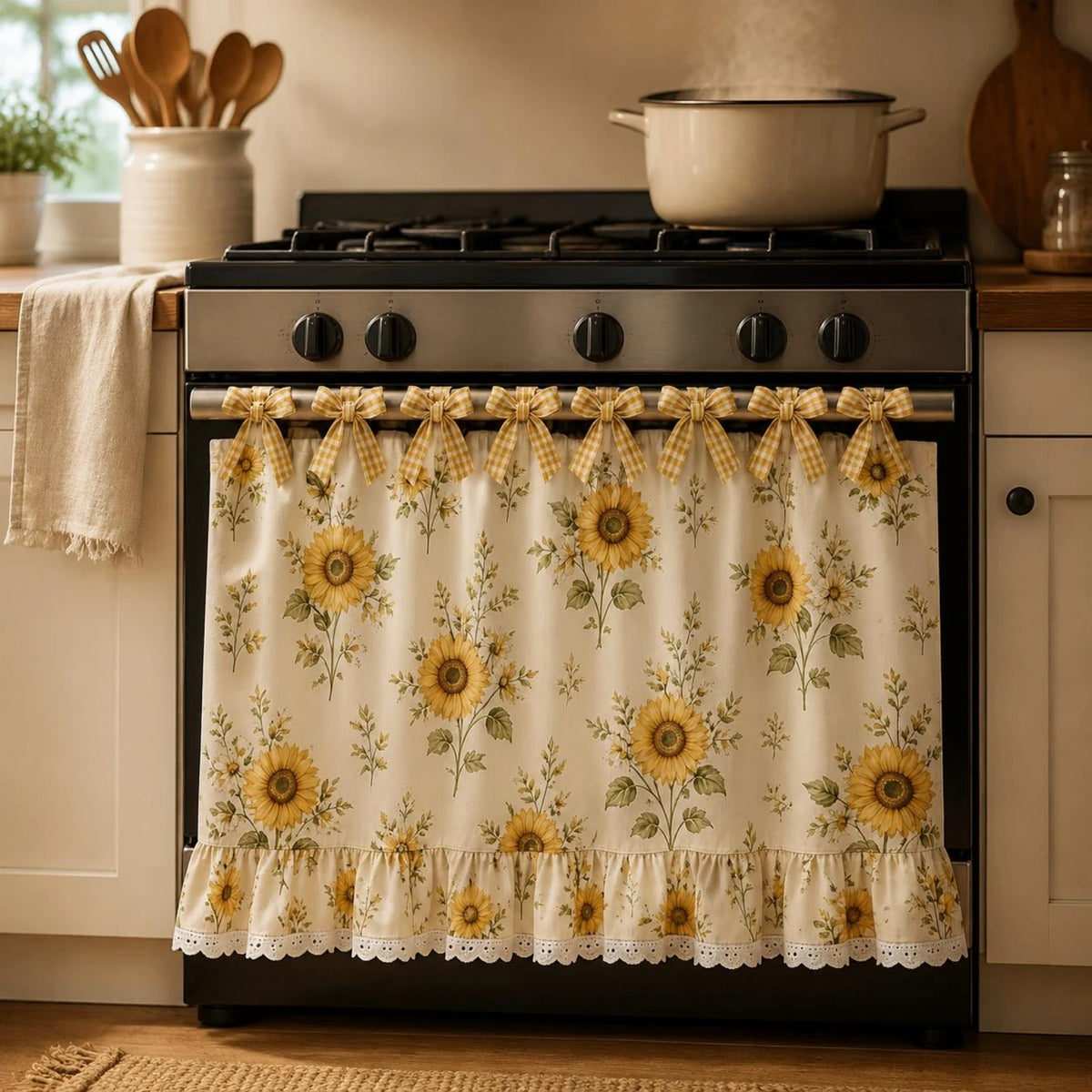 Farmhouse floral oven skirt with ruffle trim installed on a black stove.