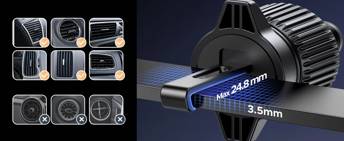 A close-up view of a magnetic car phone mount with 360° rotation showing various installation options and dimensions.