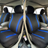 A pair of black and blue two-tone car seat covers shown in the interior of a vehicle.