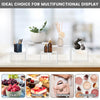 Stackable acrylic display risers for desserts and party buffets featuring various items like fruit, desserts, and cosmetics.