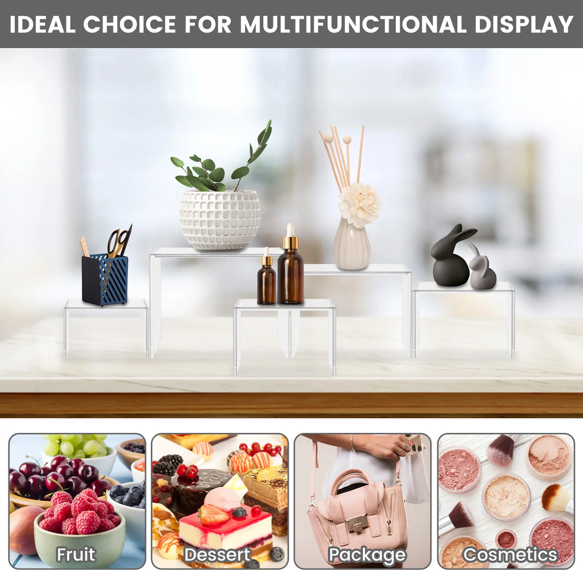 Stackable acrylic display risers for desserts and party buffets featuring various items like fruit, desserts, and cosmetics.