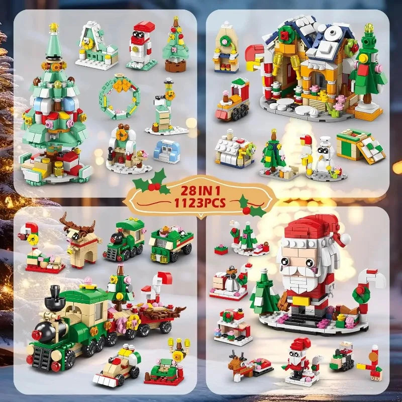 A collection of Christmas-themed building blocks and figures including a tree, ornaments, and festive scenes.