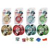 Set of professional aluminum yo-yos in various colors including gold, pink, and green with LED lights