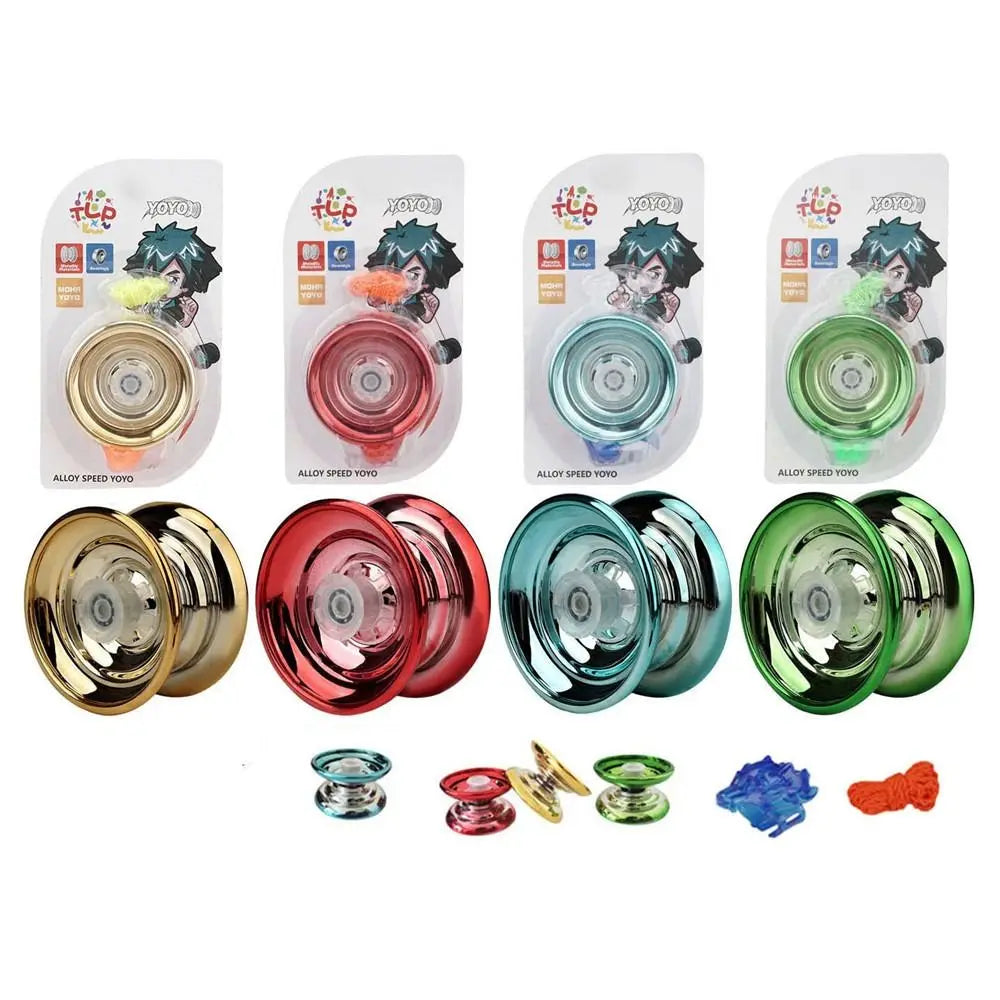 Set of professional aluminum yo-yos in various colors including gold, pink, and green with LED lights