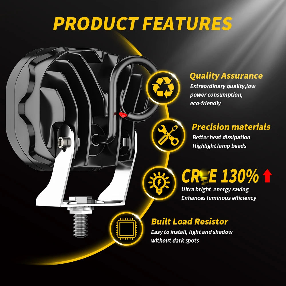 A black LED spotlight is shown with features highlighting quality assurance, precision materials, and a built-in load resisto