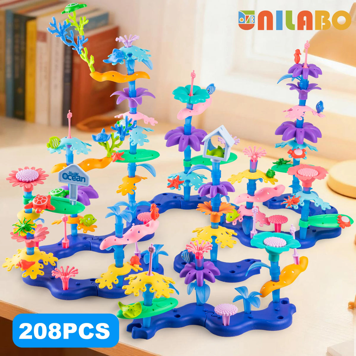 A colorful set of 208 plastic flower garden building toys for kids featuring various shapes and colors