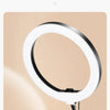 A white ring light fixture is shown, demonstrating multi-stage light source adjustment for streaming and recording.