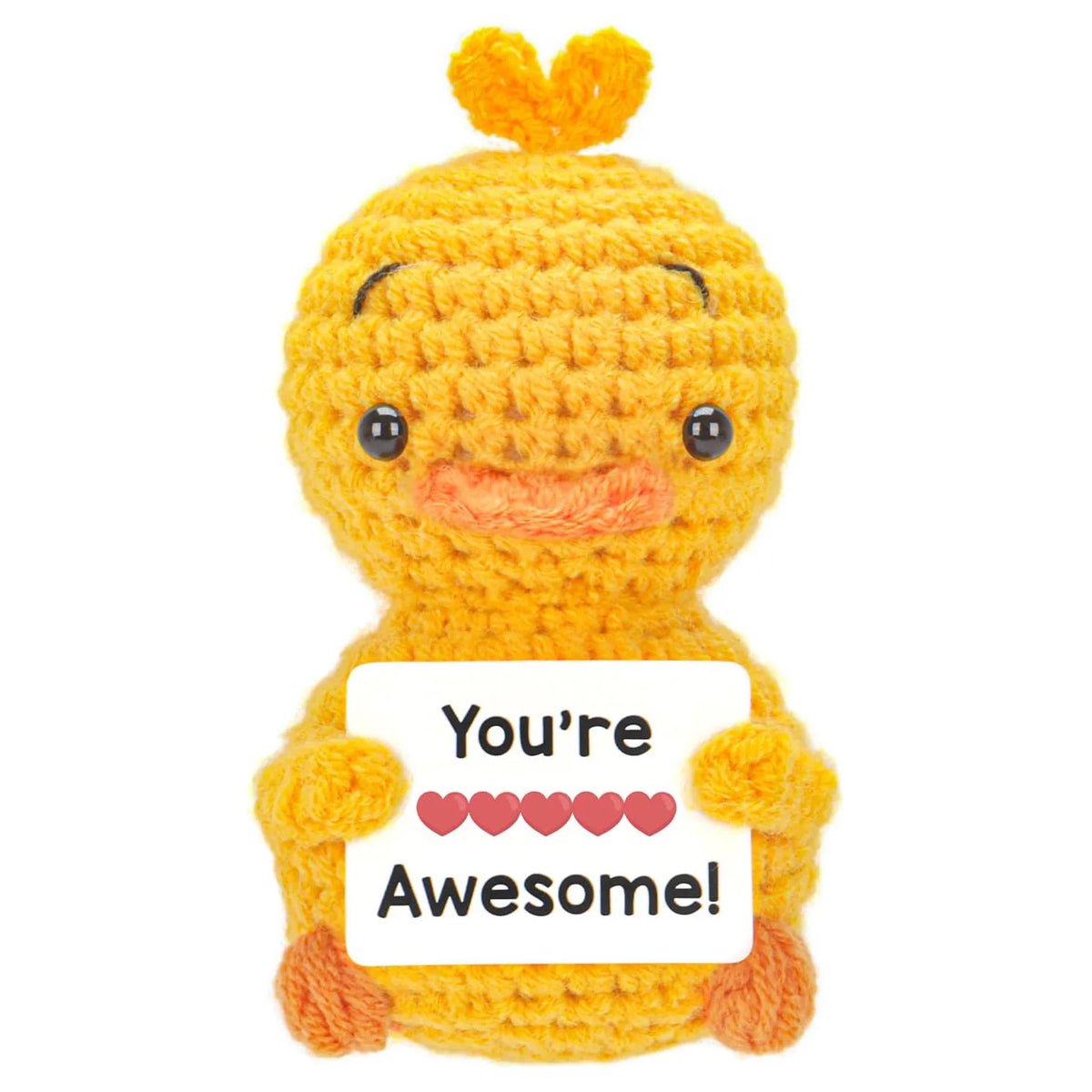 Handmade crochet orange hedgehog doll with a card that says You're Awesome!