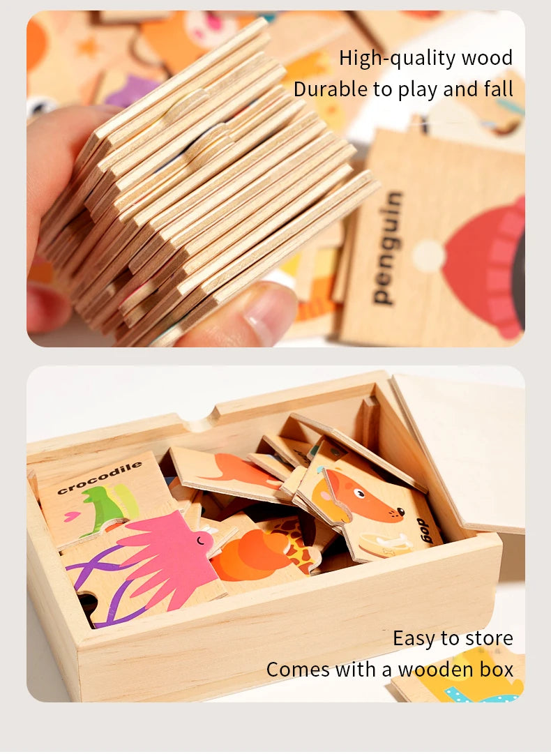 A hand holds a bundle of wooden animal alphabet puzzle pieces, demonstrating their durability and quality.