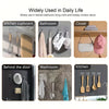 A collection of clear heavy-duty self-adhesive wall hooks used in various household settings like kitchens, bathrooms, and cl