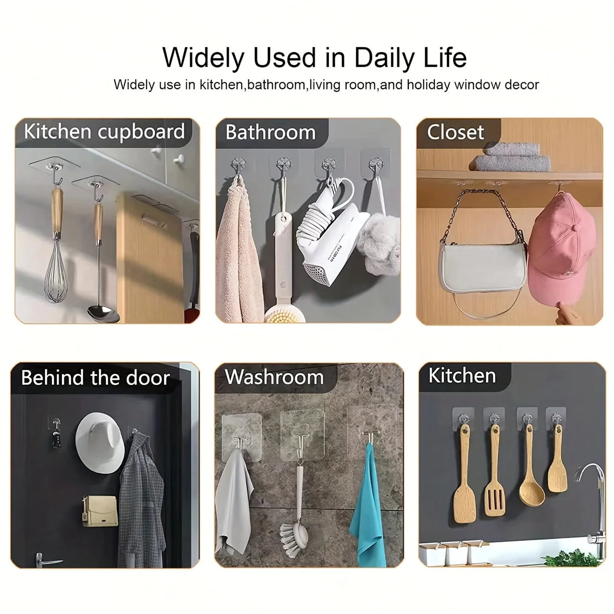 A collection of clear heavy-duty self-adhesive wall hooks used in various household settings like kitchens, bathrooms, and cl
