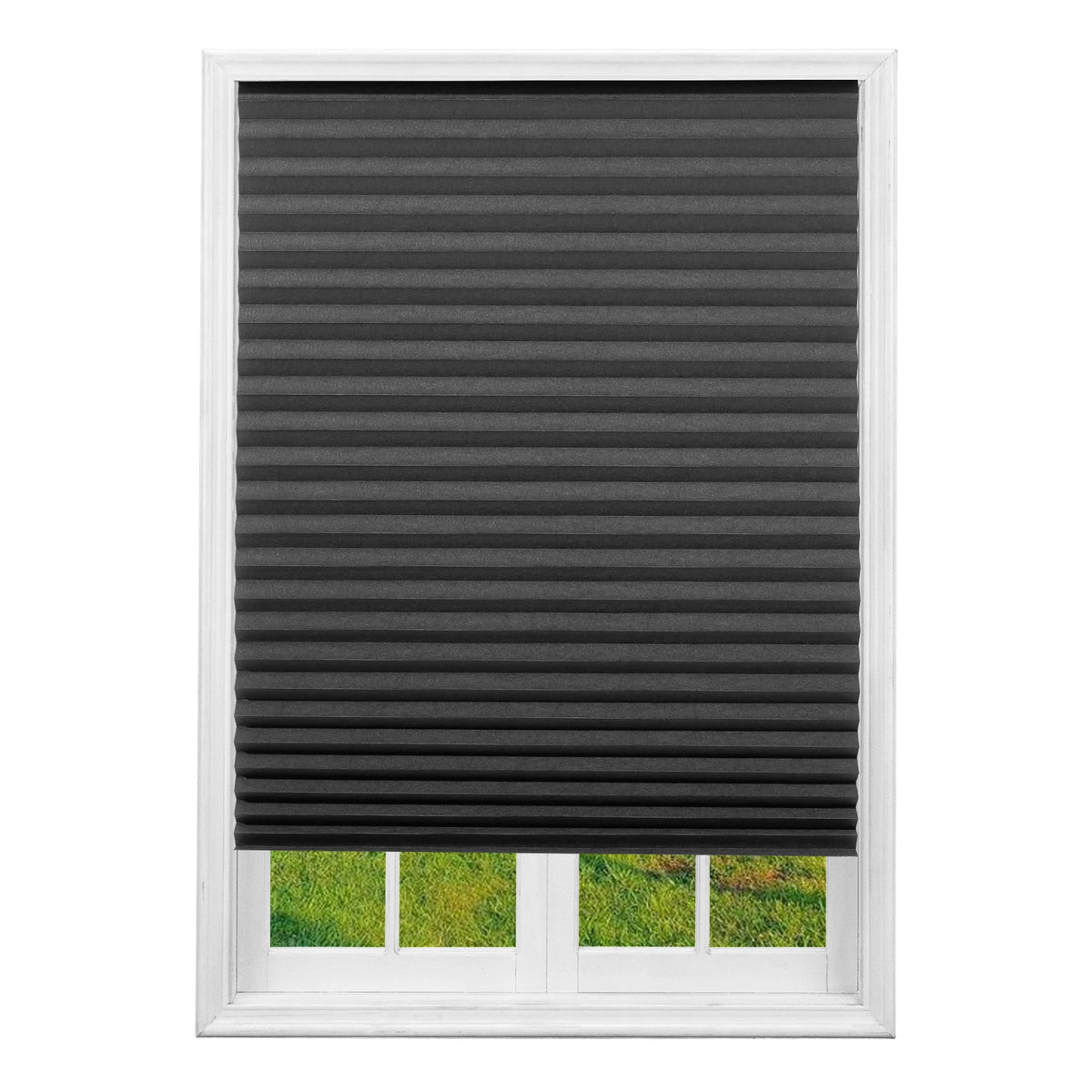 A dark gray pleated window blind installed in a white window frame.