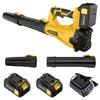 A yellow cordless leaf blower with a black battery and various attachments shown in different views.