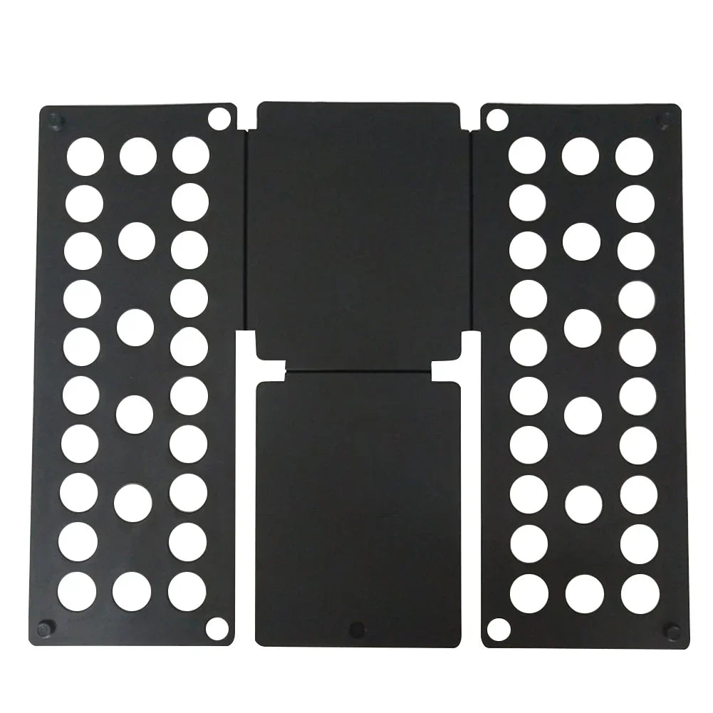 A black portable clothes folding board with multiple circular holes for hanging laundry.