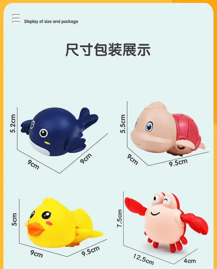 Display of size and package for a set of cartoon bath toys including turtles, ducks, and whales.