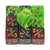 A set of acrylic D6 counter dice in various shades of green and red.