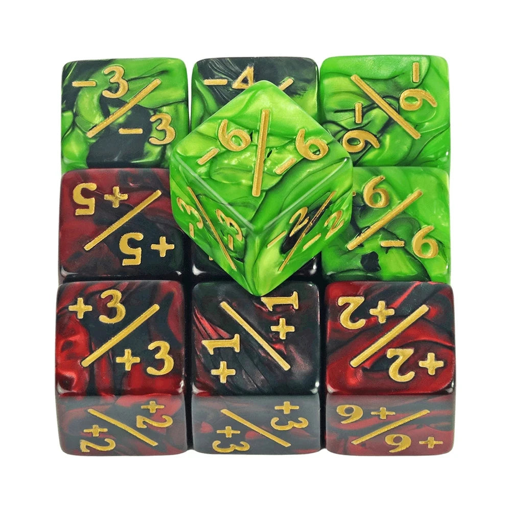 A set of acrylic D6 counter dice in various shades of green and red.
