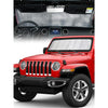 A red Jeep Wrangler shows a custom-fit windshield sunshade installed on the front windshield.