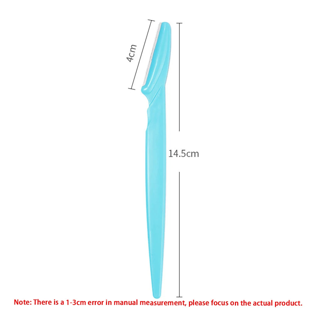 A light blue precision eyebrow razor set shown vertically with dimension markings.