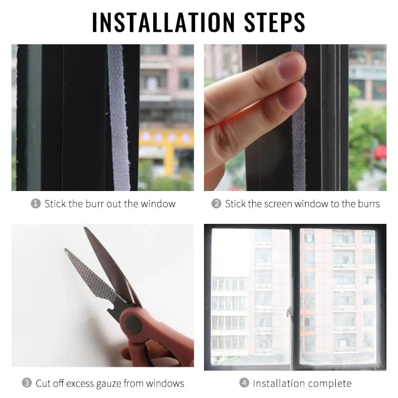 Installation steps showing how to stick a screen window to the burrs and cut excess gauze from windows.