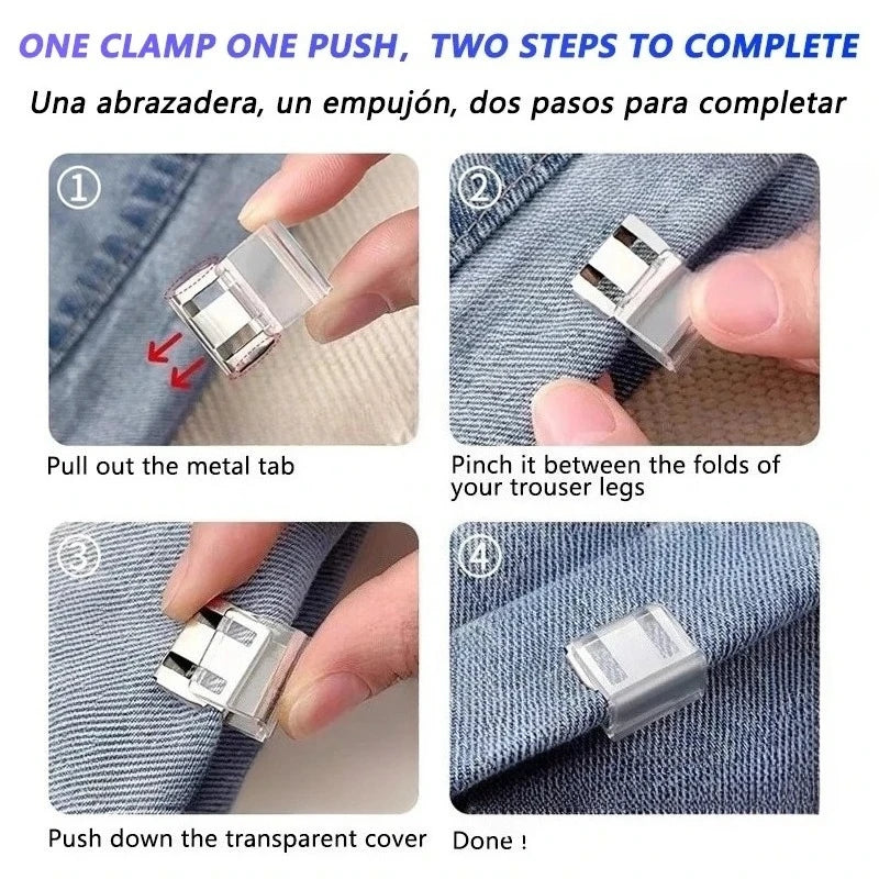 Un ensemble de clips anti-dérapants invisibles pour pantalons, montrés en quatre étapes d'utilisation