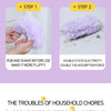 Two steps showing how to use a fluffy purple feather duster to double the suction force for cleaning.