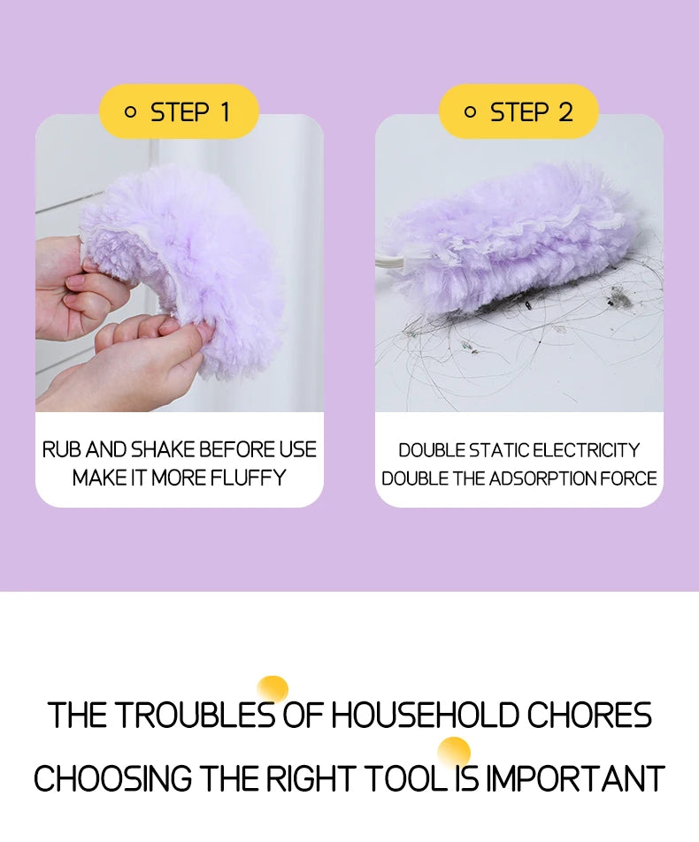Two steps showing how to use a fluffy purple feather duster to double the suction force for cleaning.