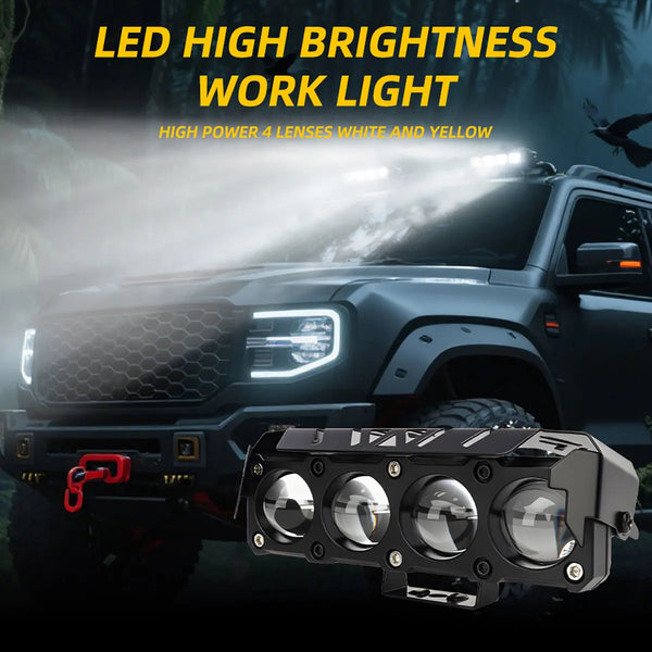 A close-up view of a high-intensity LED spotlight headlight mounted on an off-road vehicle.