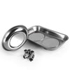 A silver magnetic parts tray with a strong magnet base and several hardware components.