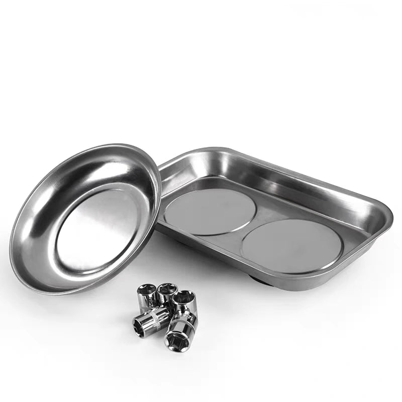 A silver magnetic parts tray with a strong magnet base and several hardware components.