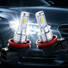 Two super bright LED headlight bulbs with Canbus connectors are shown installed in a car's headlight housing.