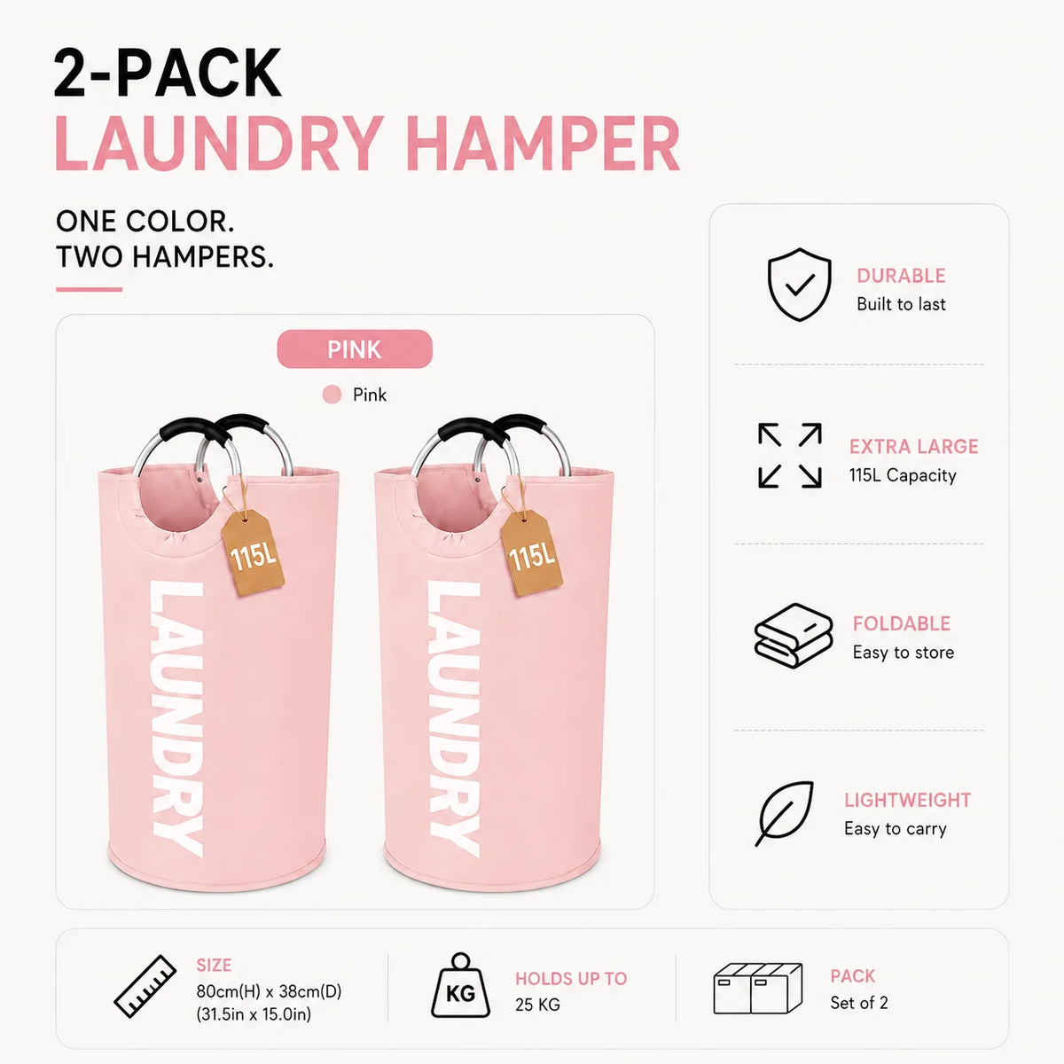 A set of two pink extra large collapsible laundry hampers with padded handles.