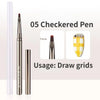 A set of five checkered pens used for drawing grids, shown next to a white tube.