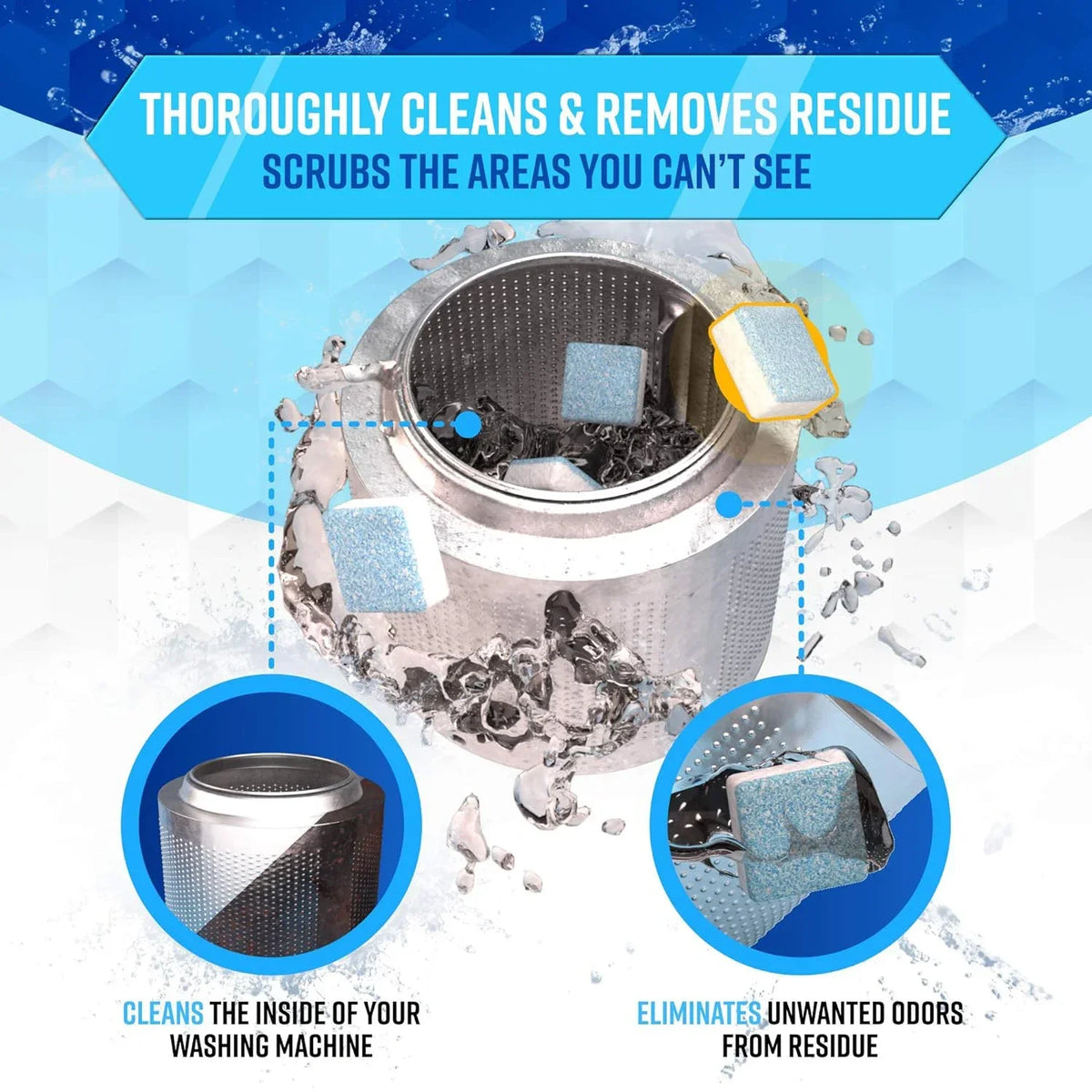 A cleaning tablet is shown inside a washing machine drum, with surrounding residue and water spray.