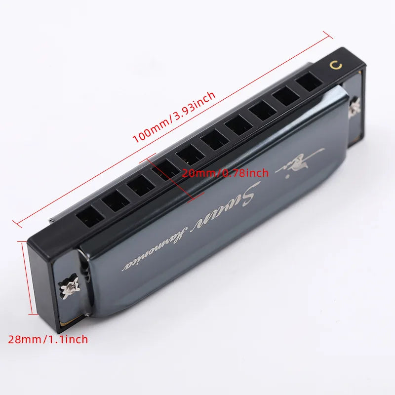 A black 10-hole diatonic harmonica with a protective case shown from the side.