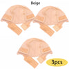 A set of three beige adjustable non-slip lace wig grip caps shown from above.