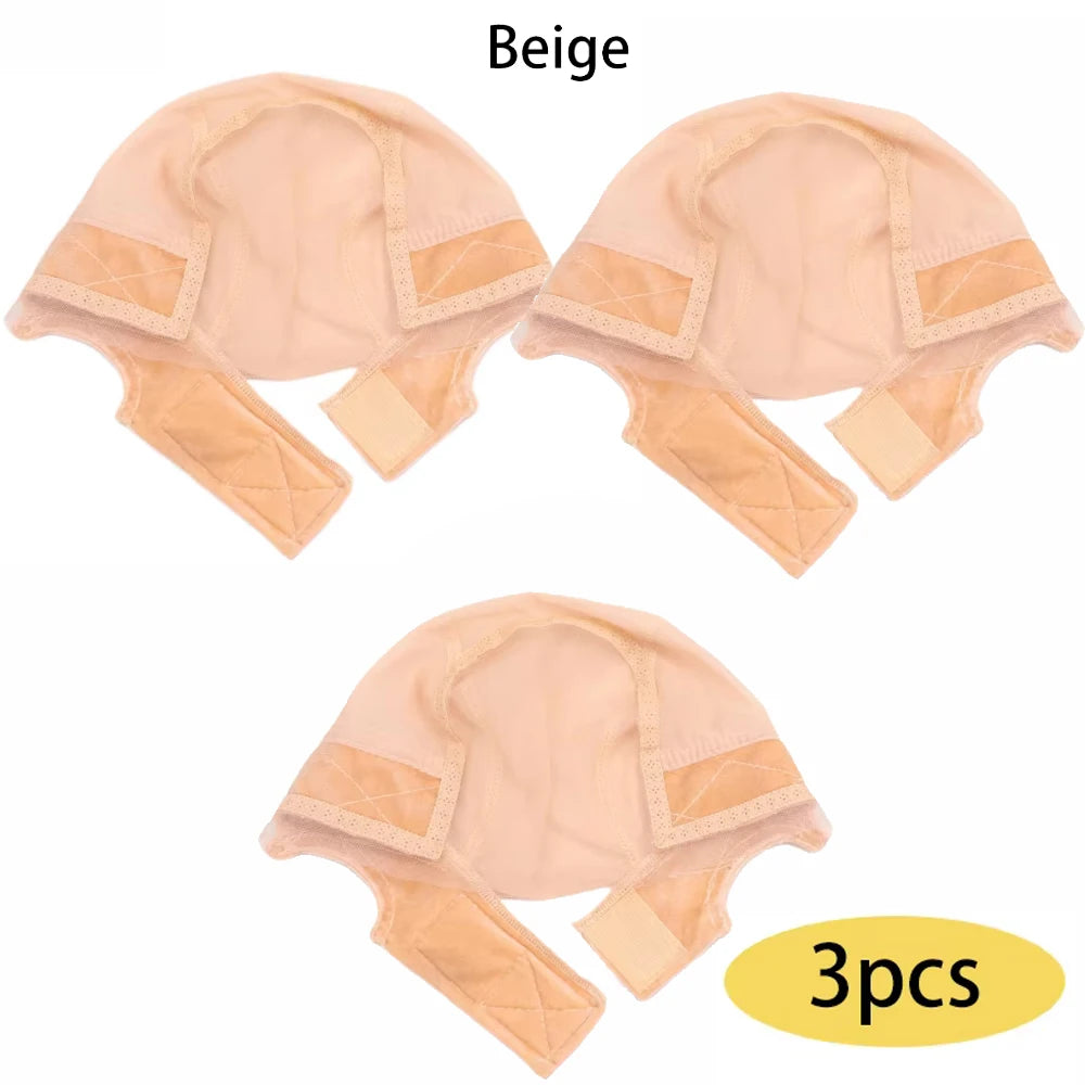 A set of three beige adjustable non-slip lace wig grip caps shown from above.